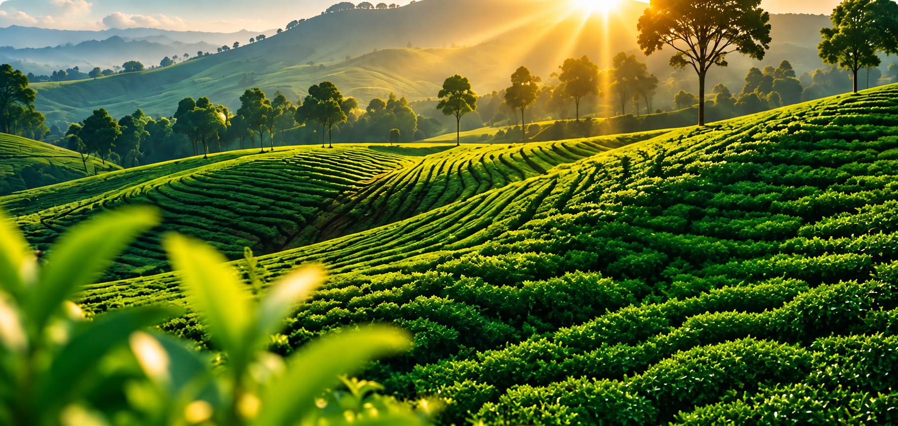 Tea plantation landscape at sunrise